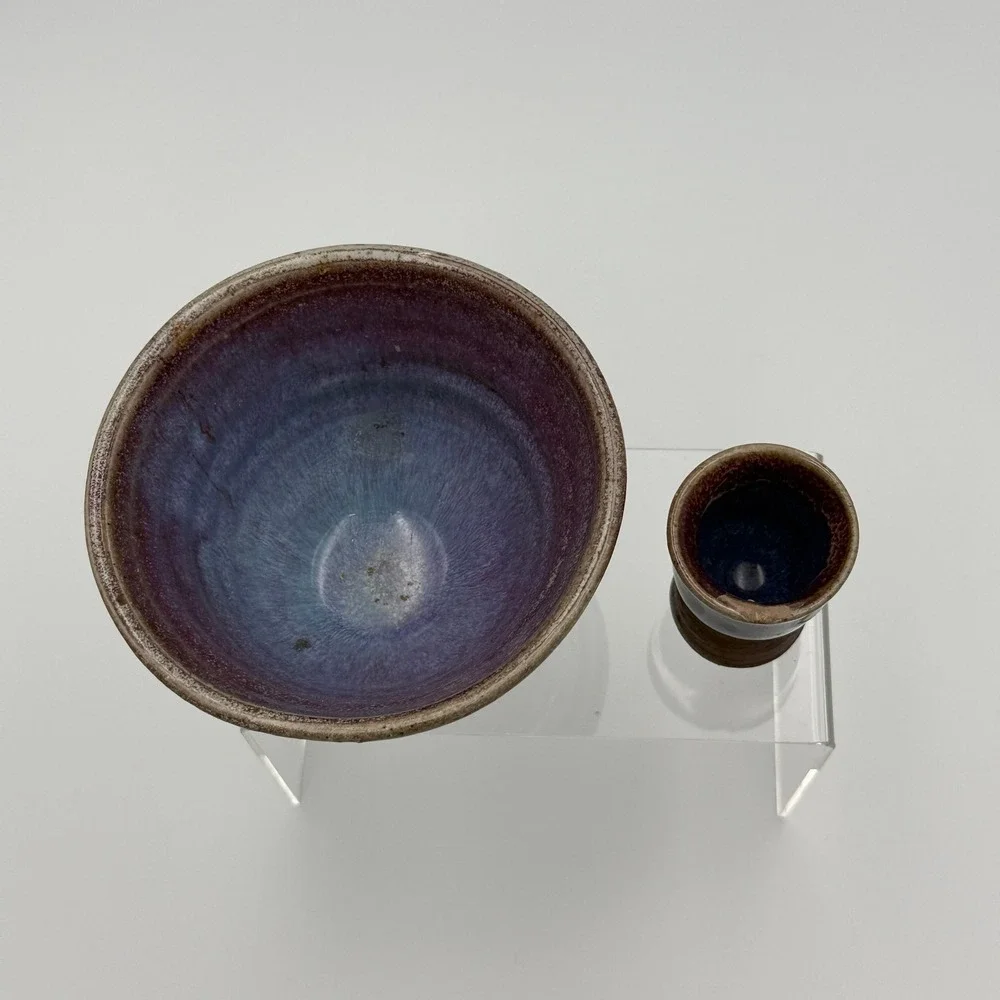 Handmade Studio Pottery Bowl Cup Set Purple Blue Drip Glaze Ceramic Wabi Sabi